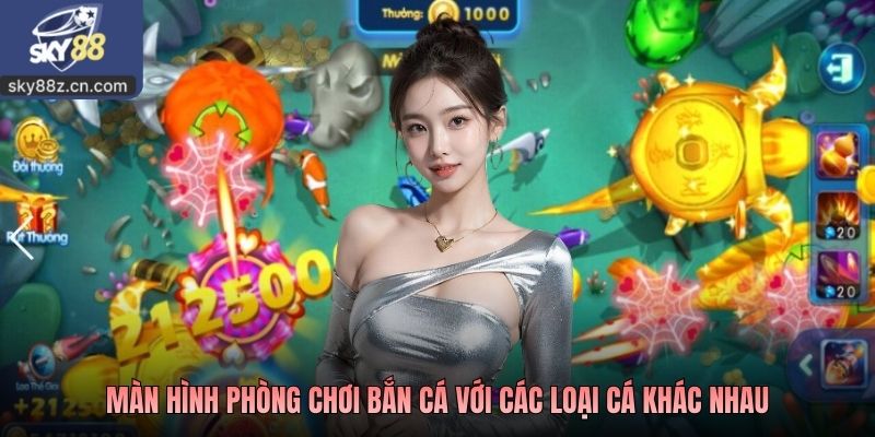 Màn hình phòng chơi bắn cá với các loại cá khác nhau